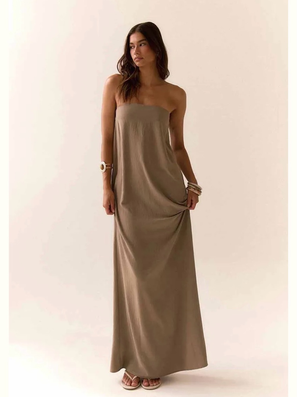 PrettyLittleThing Strapless Maxi Dress in Taupe